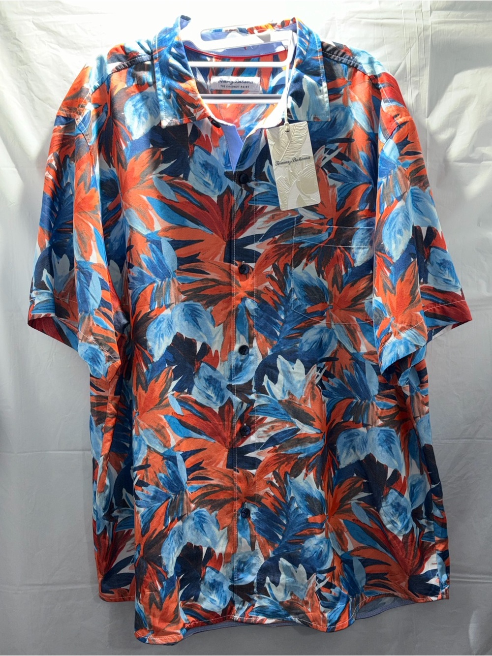 Tommy Bahama Tropical Leaf Print Shirt in Blue & Orange Size XL